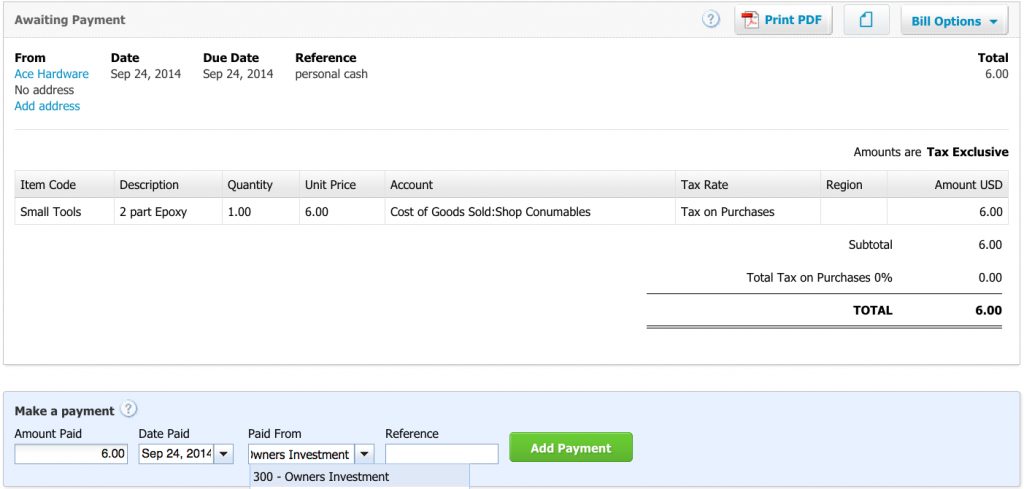 transaction how to show personal money used in business