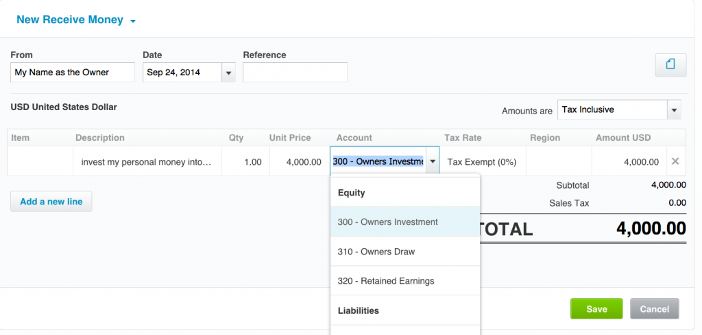 This is an example transaction in Xero. Here I'm simply "Receiving Money" into my Business Bank Account and telling the system where the money is coming from: Owners Investment. This way, it's a Debit to my Bank account and a Credit to Owners Equity.