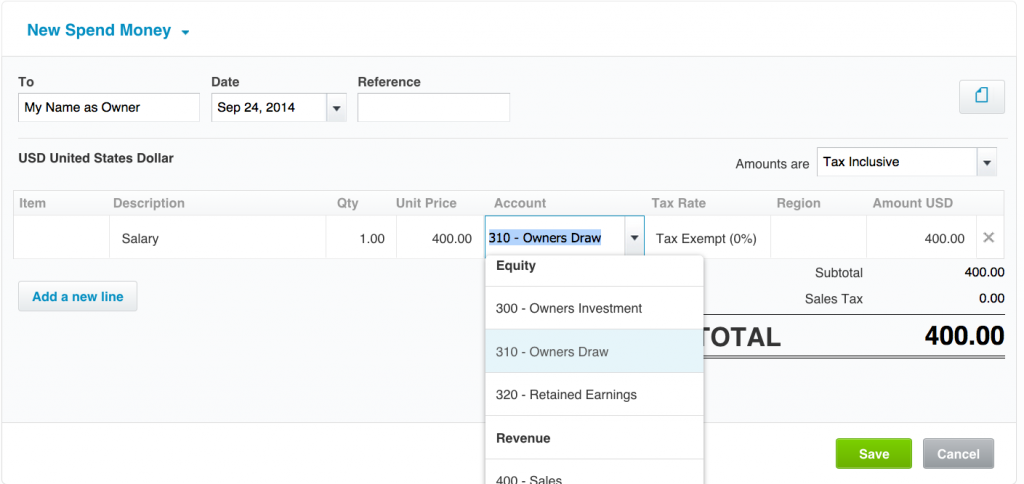 This is an example transaction in Xero. Here I'm showing how to Withdraw Money from your business to pay yourself for your work. I simply create a Spend Money Transaction in Xero (or when reconciling the bank account simple select the Owners Draw Account) and select the Owners Draw account to show where the money is going. This creates a Credit in my Bank Account and a Debit in Owners Equity.