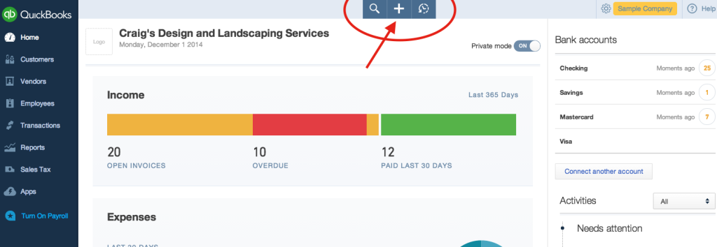 QuickBooks Online Plus button dashboard